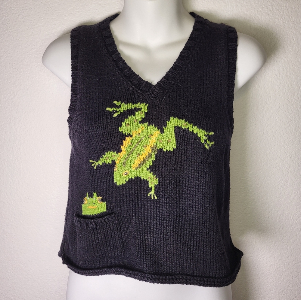 Black Knit V-Neck Vest with Green Frog Motif